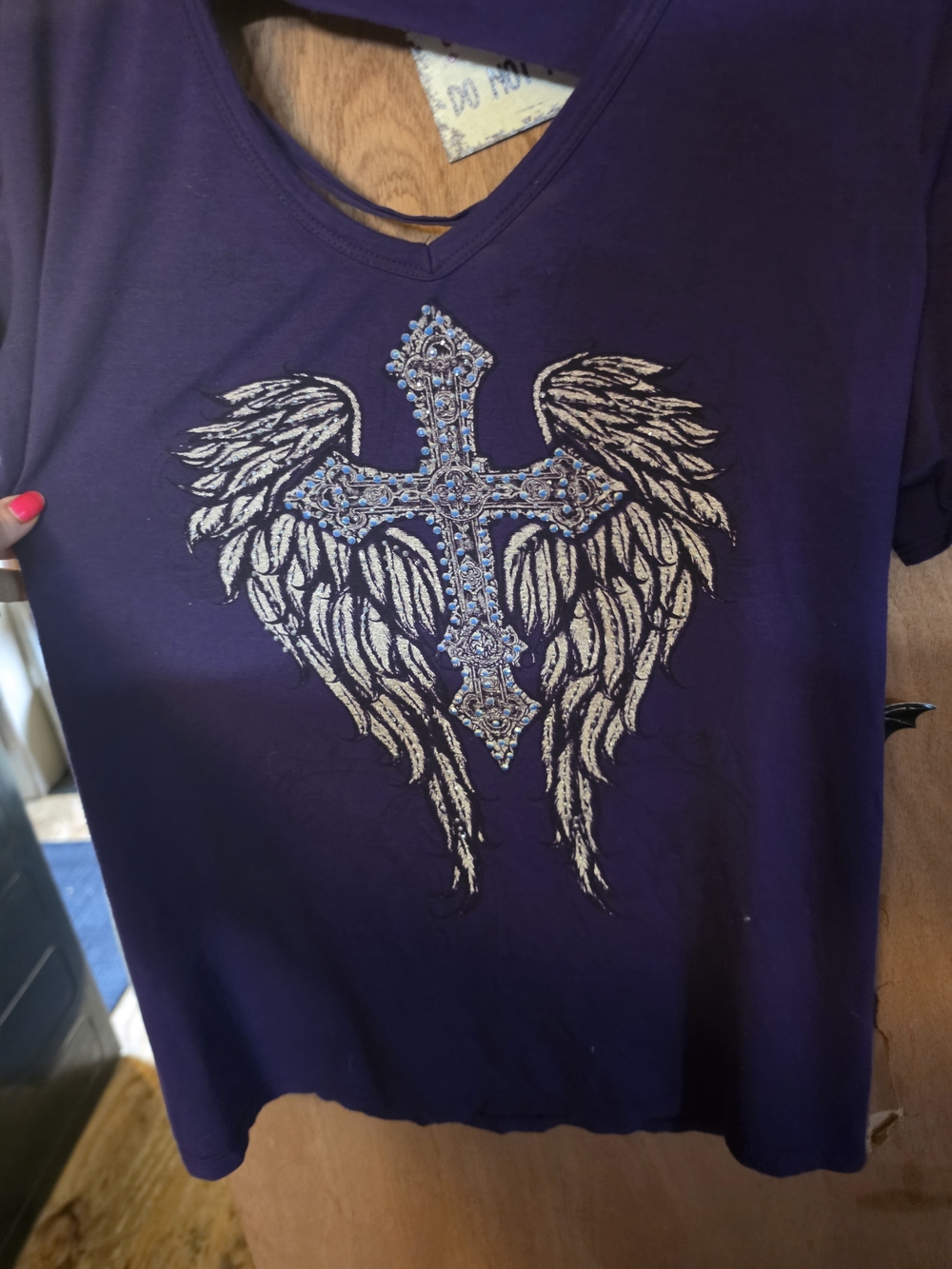Source Unknown Purple Tee with Bejeweled Cross & Wing Graphic